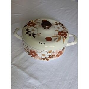Vintage Kingsbury Dogwood Cooking Pot w & Lid 70's Enamelware Floral Mid-Century